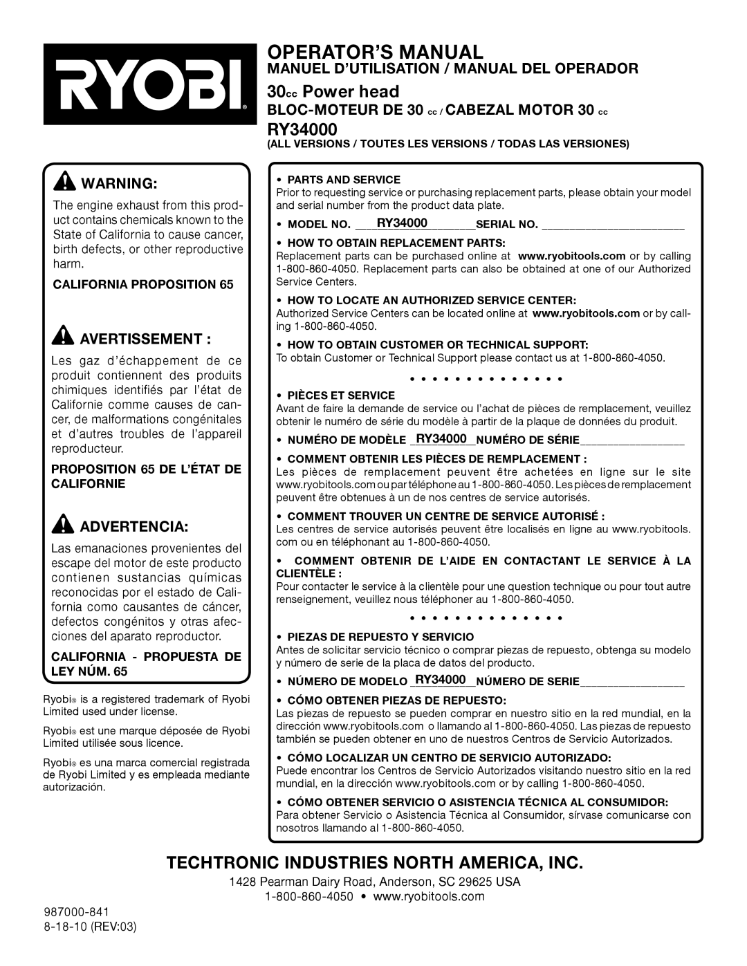 Ryobi RY34000 Manuel D’UTILISATION / Manual DEL Operador, California Proposition, Proposition 65 DE L’ÉTAT DE Californie 