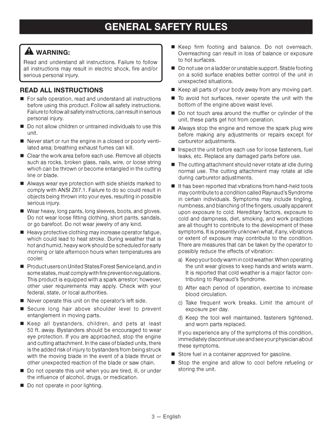 Ryobi RY34000 manuel dutilisation General Safety Rules, Read ALL Instructions 