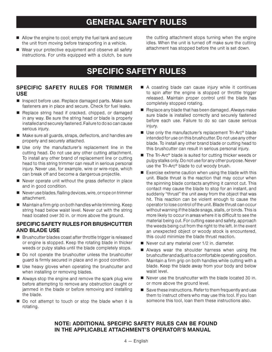 Ryobi RY34000 Specific Safety Rules for Trimmer USE, Specific Safety Rules for ­BRUSHCUTTER and Blade USE 