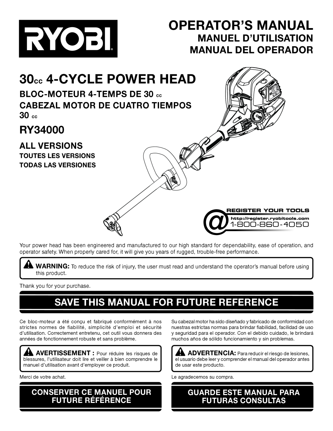 Ryobi RY34000 manuel dutilisation Save This Manual For Future Reference, BLOC-MOTEUR 4-TEMPSDE 30 cc, All Versions 