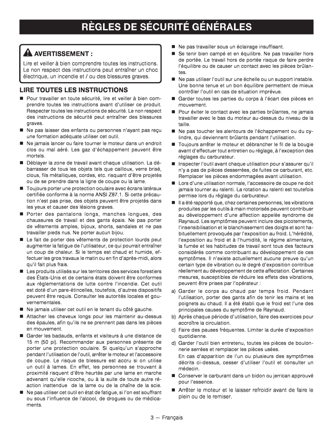Ryobi RY34000 manuel dutilisation Règles De Sécurité Générales, Avertissement, Lire Toutes Les Instructions 