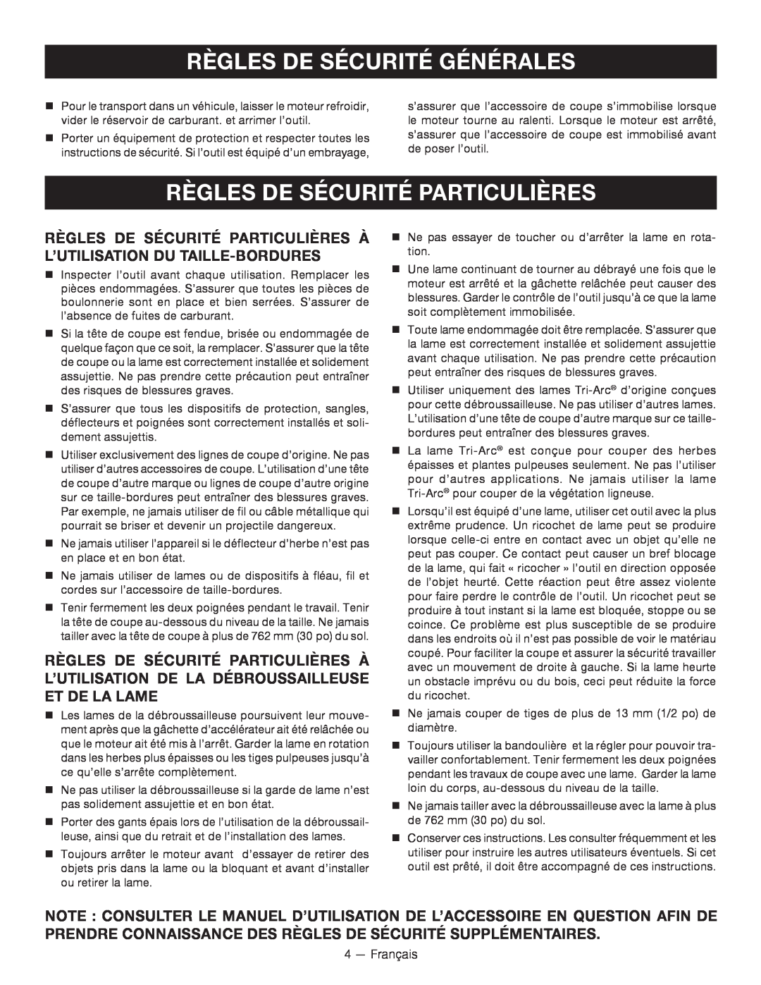Ryobi RY34000 manuel dutilisation Règles De Sécurité Particulières, Règles De Sécurité Générales 