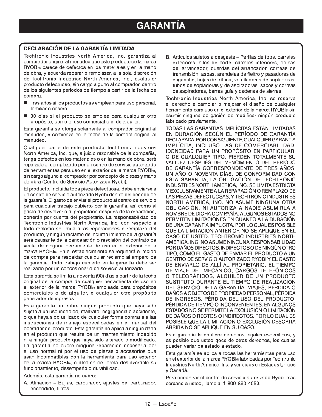 Ryobi RY34000 manuel dutilisation Declaración De La Garantía Limitada 