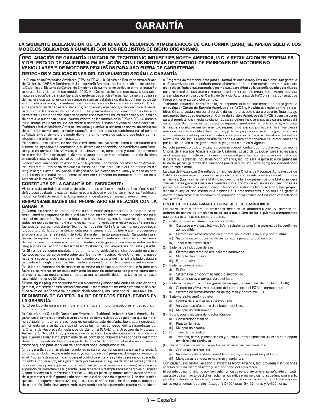 Ryobi RY34000 13 — Español, Cobertura De La Garantía Del Fabricante, Lista De Piezas Para El Control De Emisiones 