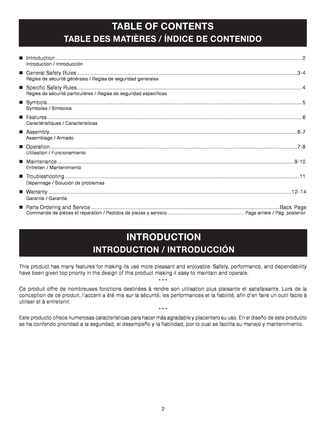 Ryobi RY34000 Table Of Contents, Table Des Matières / Índice De Contenido, Introduction / Introducción 