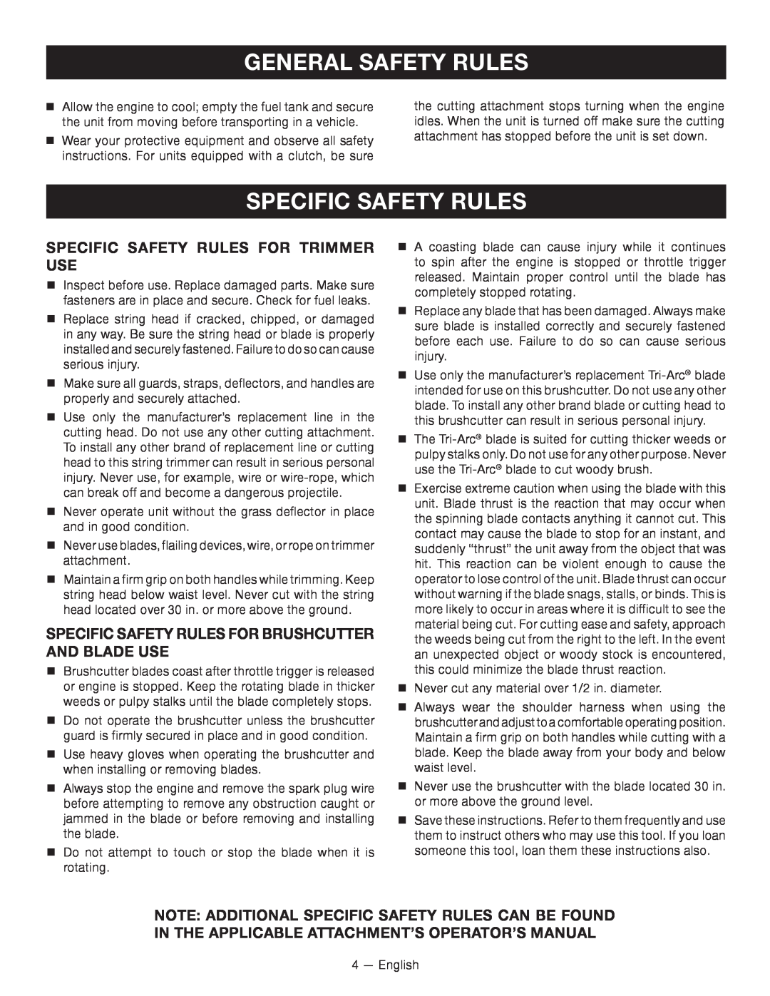 Ryobi RY34000 manuel dutilisation Specific Safety Rules For Trimmer Use, General Safety Rules 