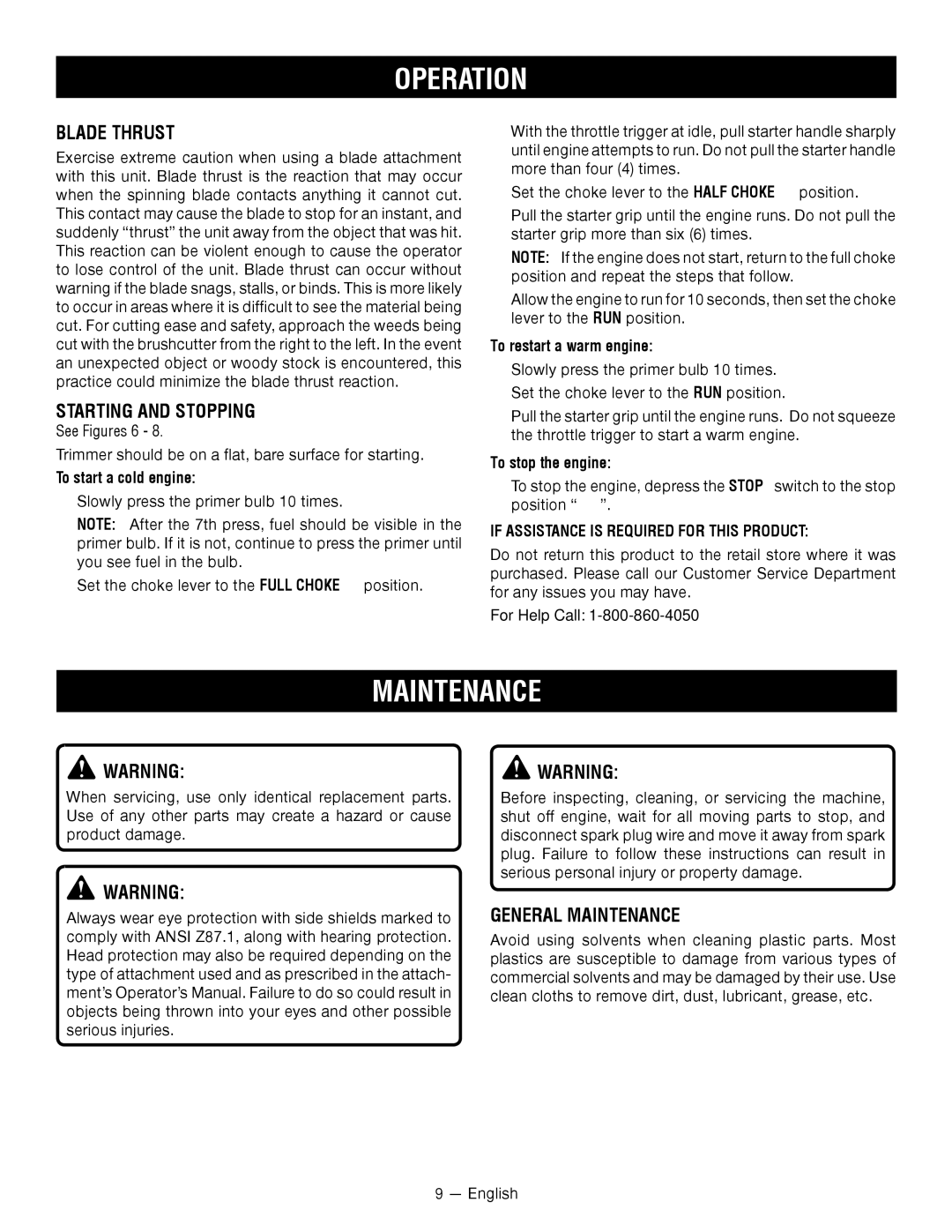 Ryobi RY34001 manuel dutilisation Blade Thrust, Starting and Stopping, General Maintenance, See Figures 6 