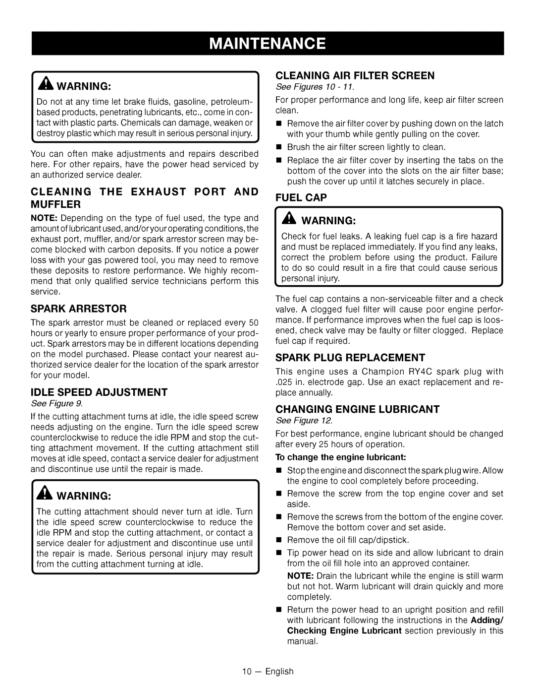 Ryobi RY34001 Cleaning the Exhaust Port and Muffler Spark Arrestor, Idle Speed Adjustment, Cleaning AIR Filter Screen 