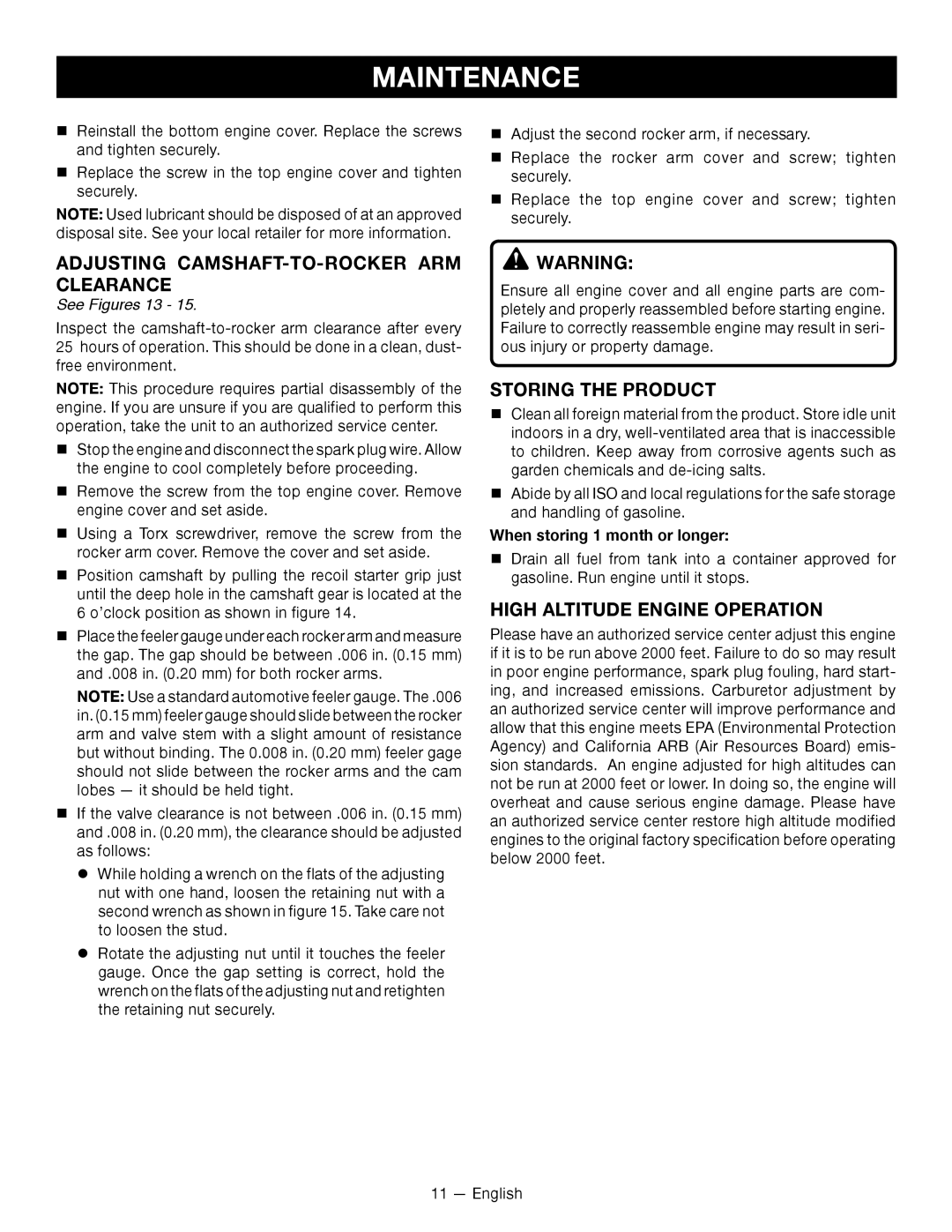 Ryobi RY34001 Adjusting CAMSHAFT-TO-ROCKER ARM Clearance, Storing the Product, High Altitude Engine Operation 