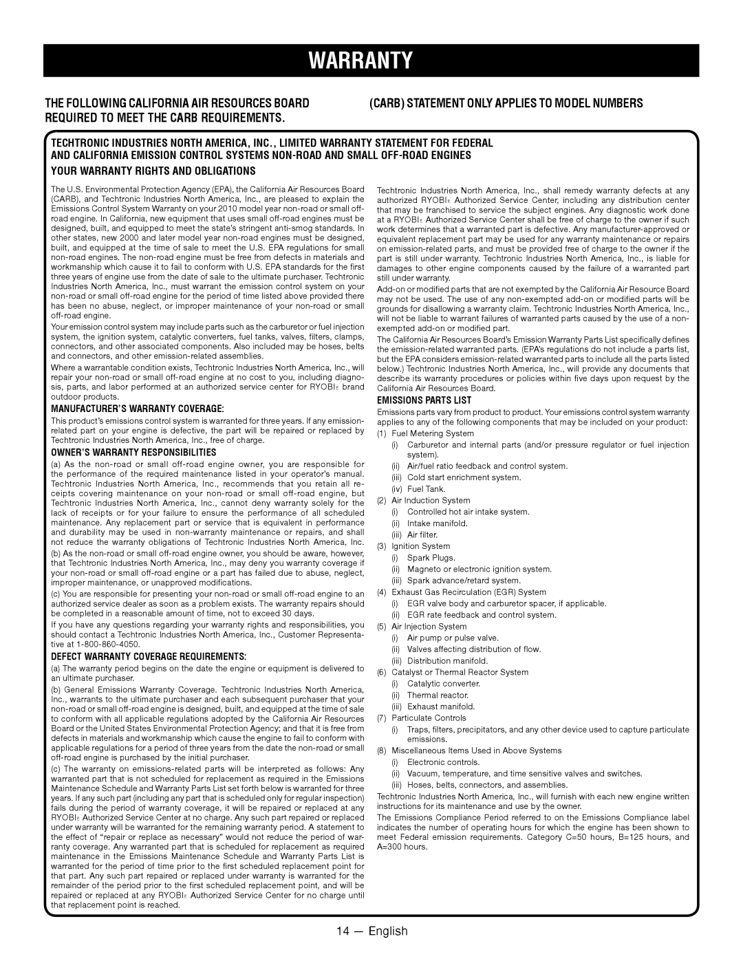 Ryobi RY34001 manuel dutilisation MANUFACTURER’S Warranty Coverage 