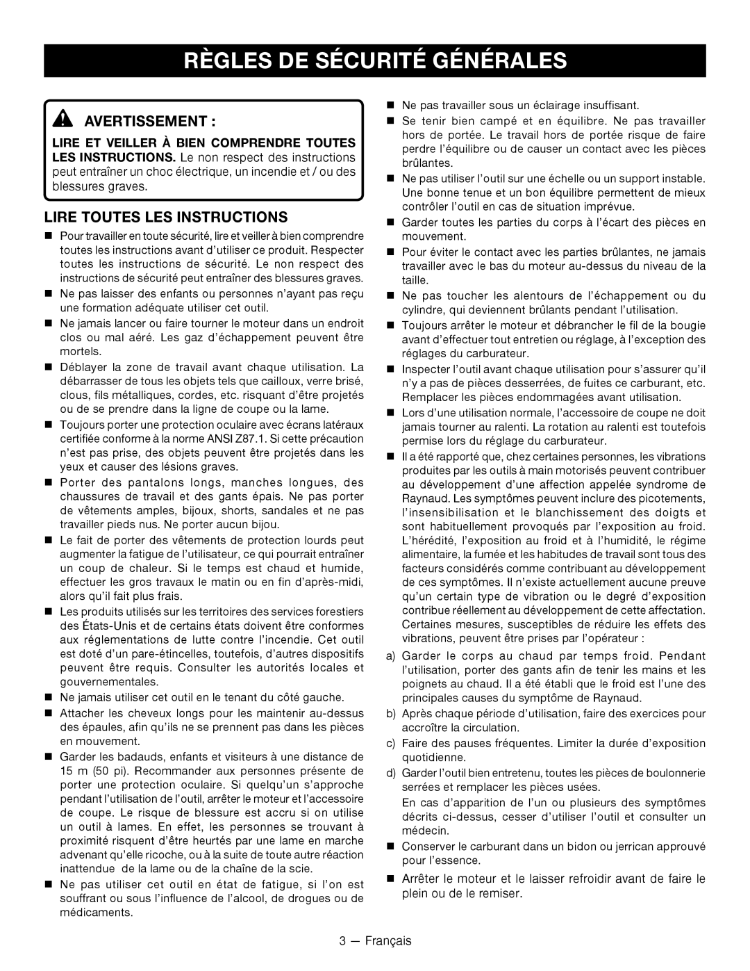 Ryobi RY34001 manuel dutilisation Règles DE Sécurité Générales, Avertissement, Lire Toutes LES Instructions 