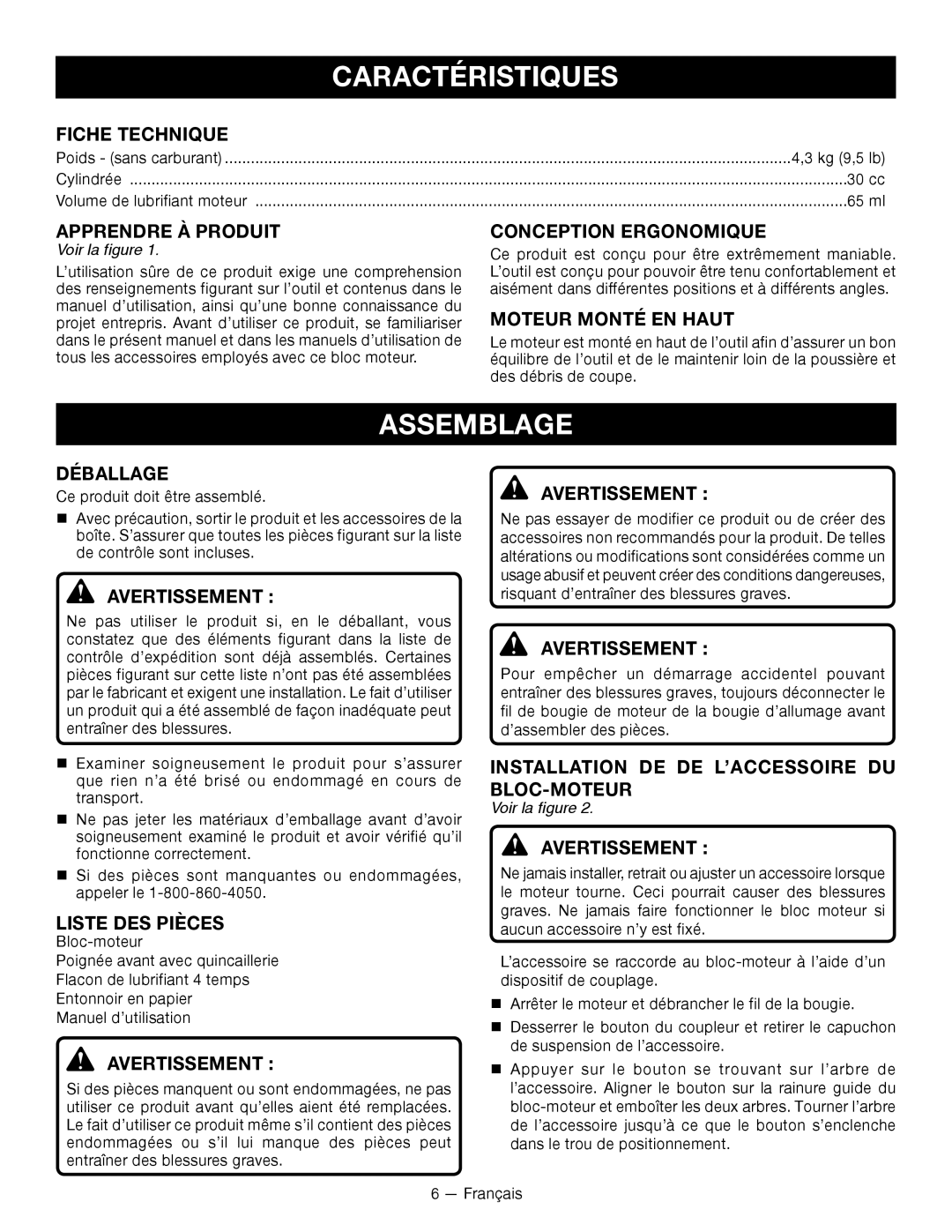 Ryobi RY34001 manuel dutilisation Caractéristiques, Assemblage 