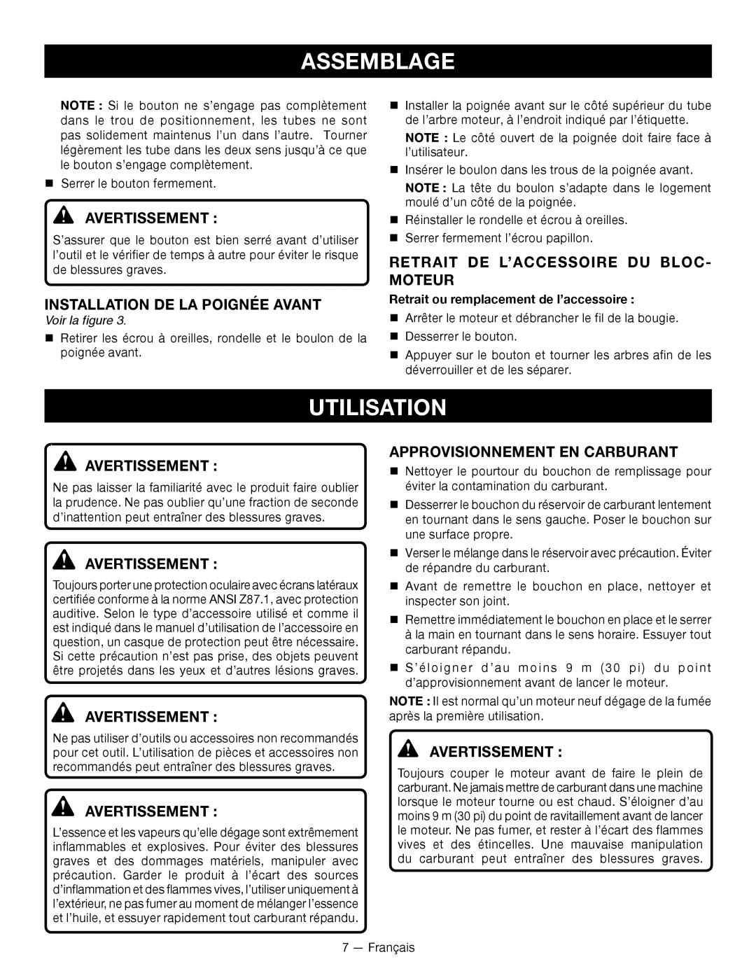 Ryobi RY34001 manuel dutilisation Utilisation, Installation DE LA Poignée Avant, Retrait DE L’ACCESSOIRE DU BLOC- Moteur 