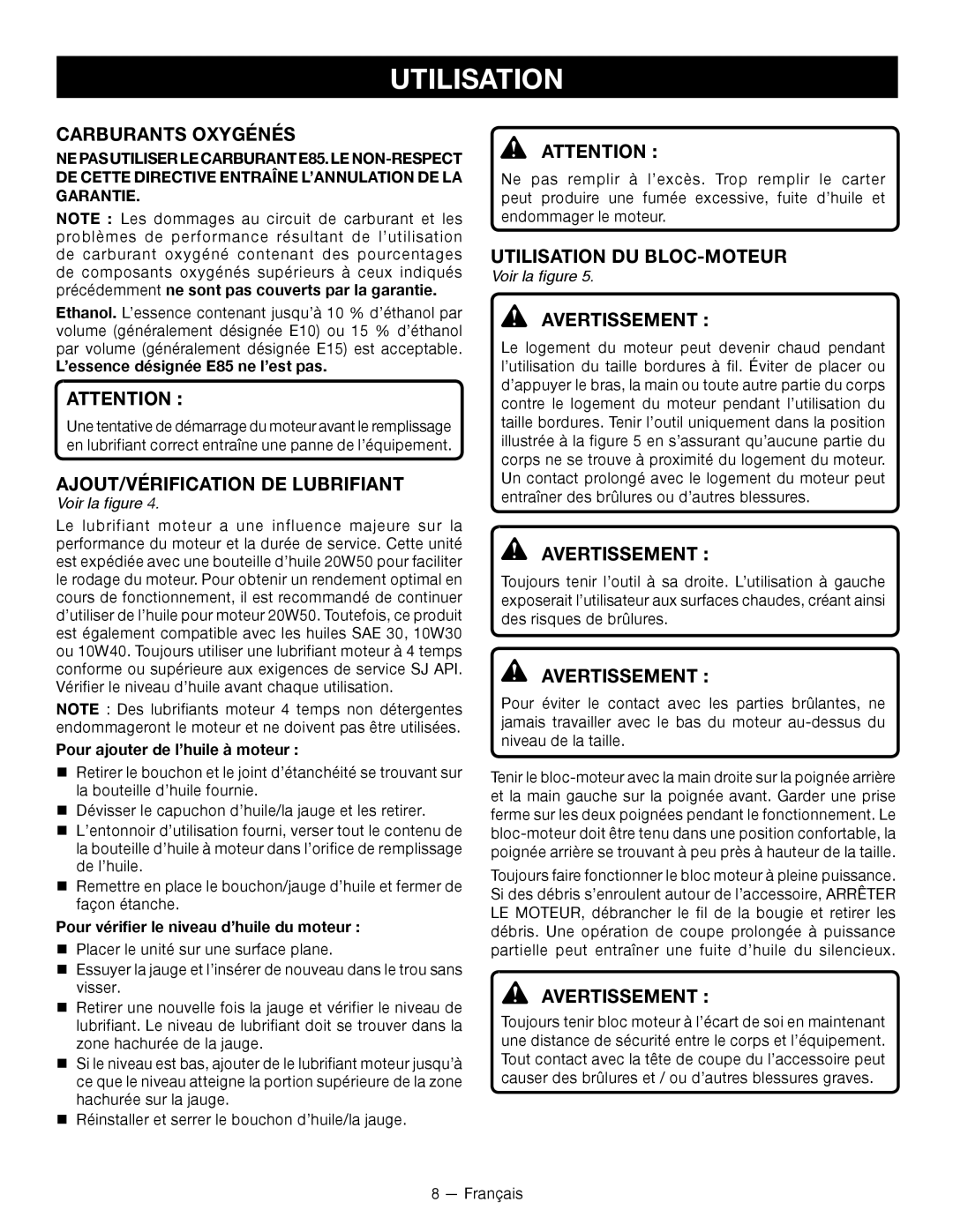 Ryobi RY34001 manuel dutilisation Carburants Oxygénés, AJOUT/VÉRIFICATION DE Lubrifiant, Utilisation DU BLOC-MOTEUR 