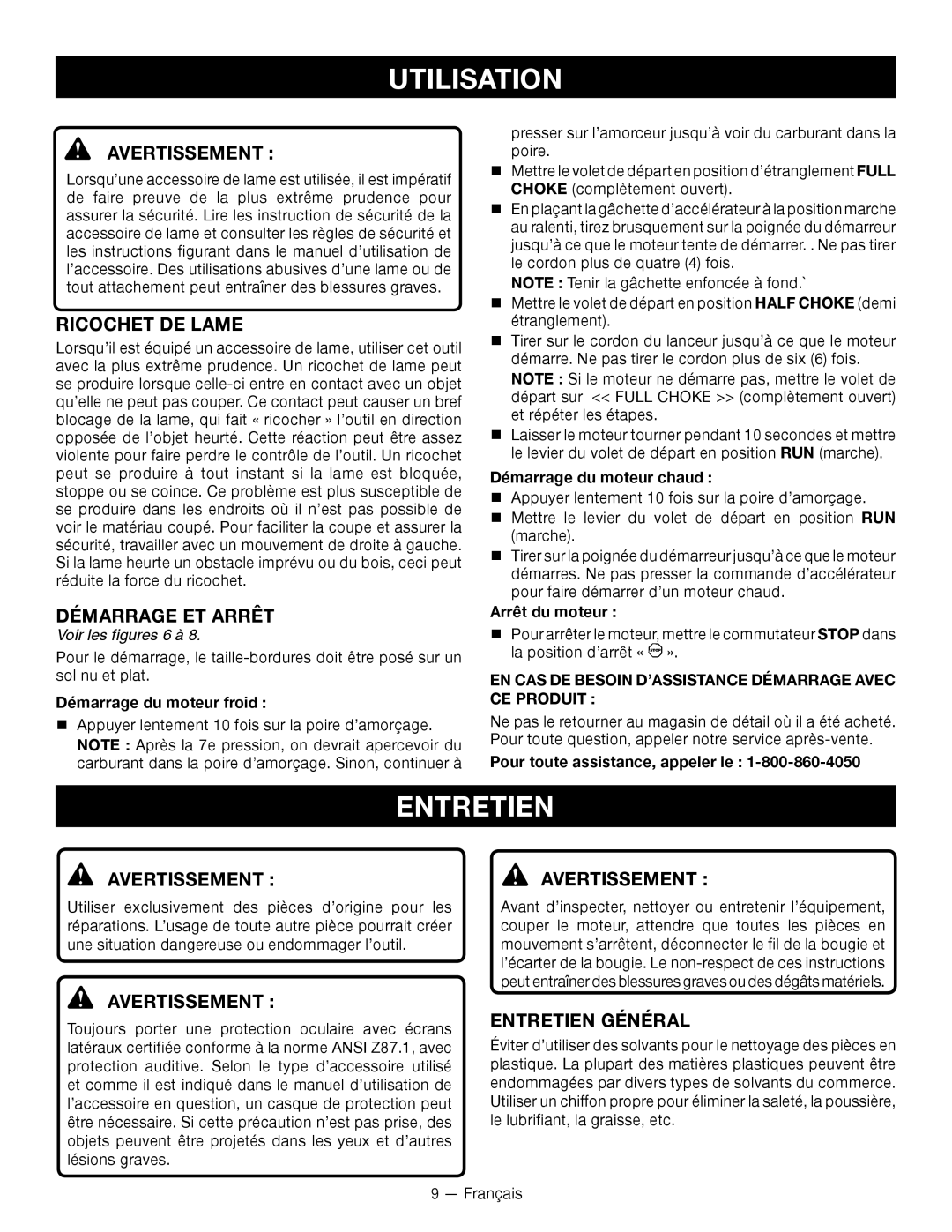 Ryobi RY34001 manuel dutilisation Ricochet DE Lame, Démarrage ET Arrêt, Avertissement Avertissement, Entretien Général 