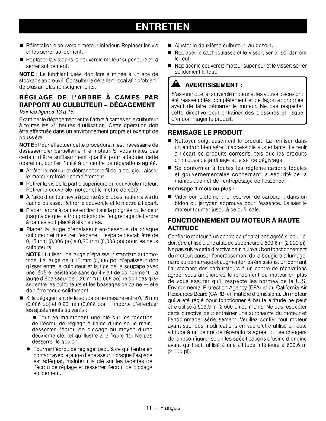 Ryobi RY34001 manuel dutilisation Remisage LE Produit, Fonctionnement DU Moteur À Haute Altitude, Voir les figures 13 à 