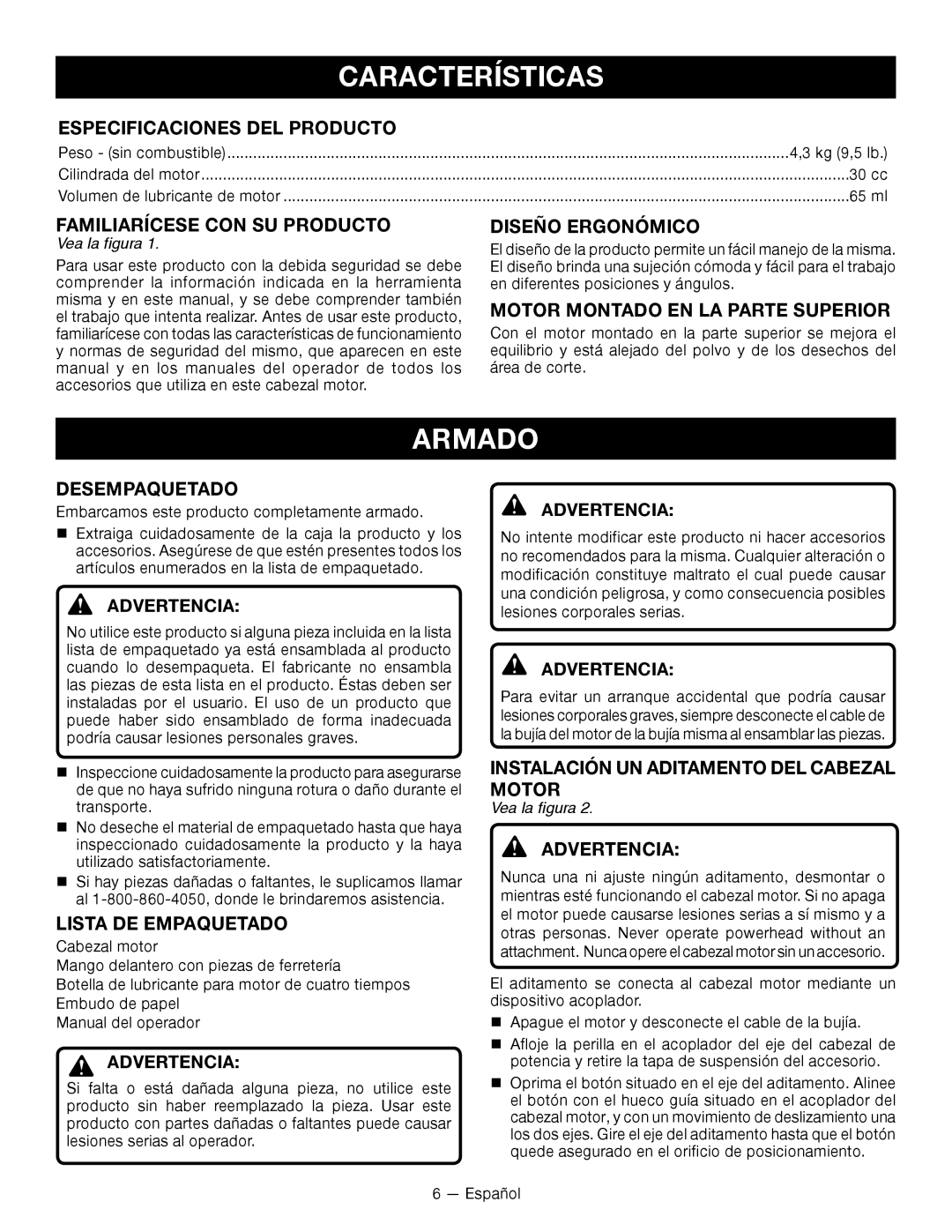 Ryobi RY34001 manuel dutilisation Características, Armado 