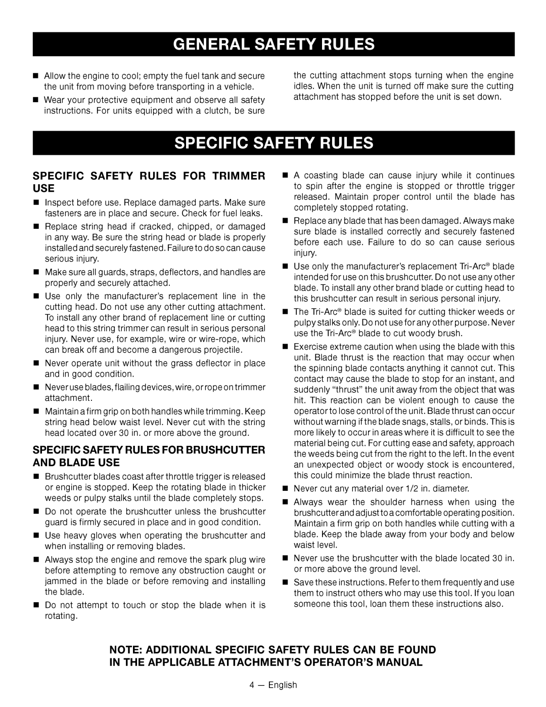 Ryobi RY34001 Specific Safety Rules for Trimmer USE, Specific Safety Rules for ­BRUSHCUTTER and Blade USE 