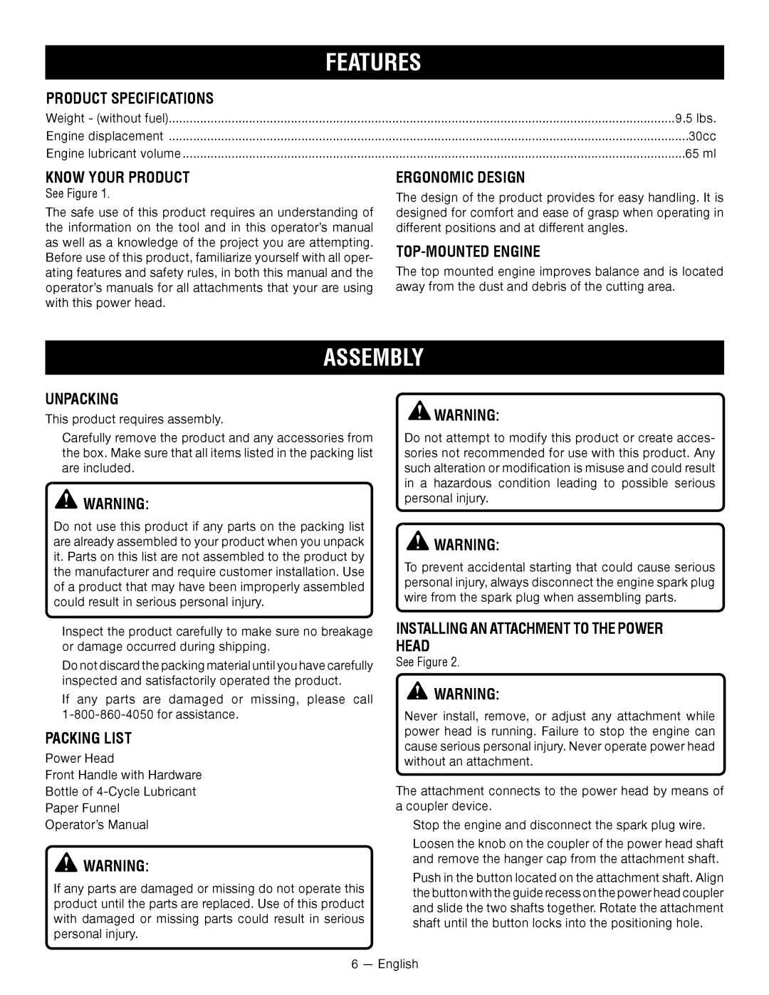 Ryobi RY34001 manuel dutilisation Features, Assembly 