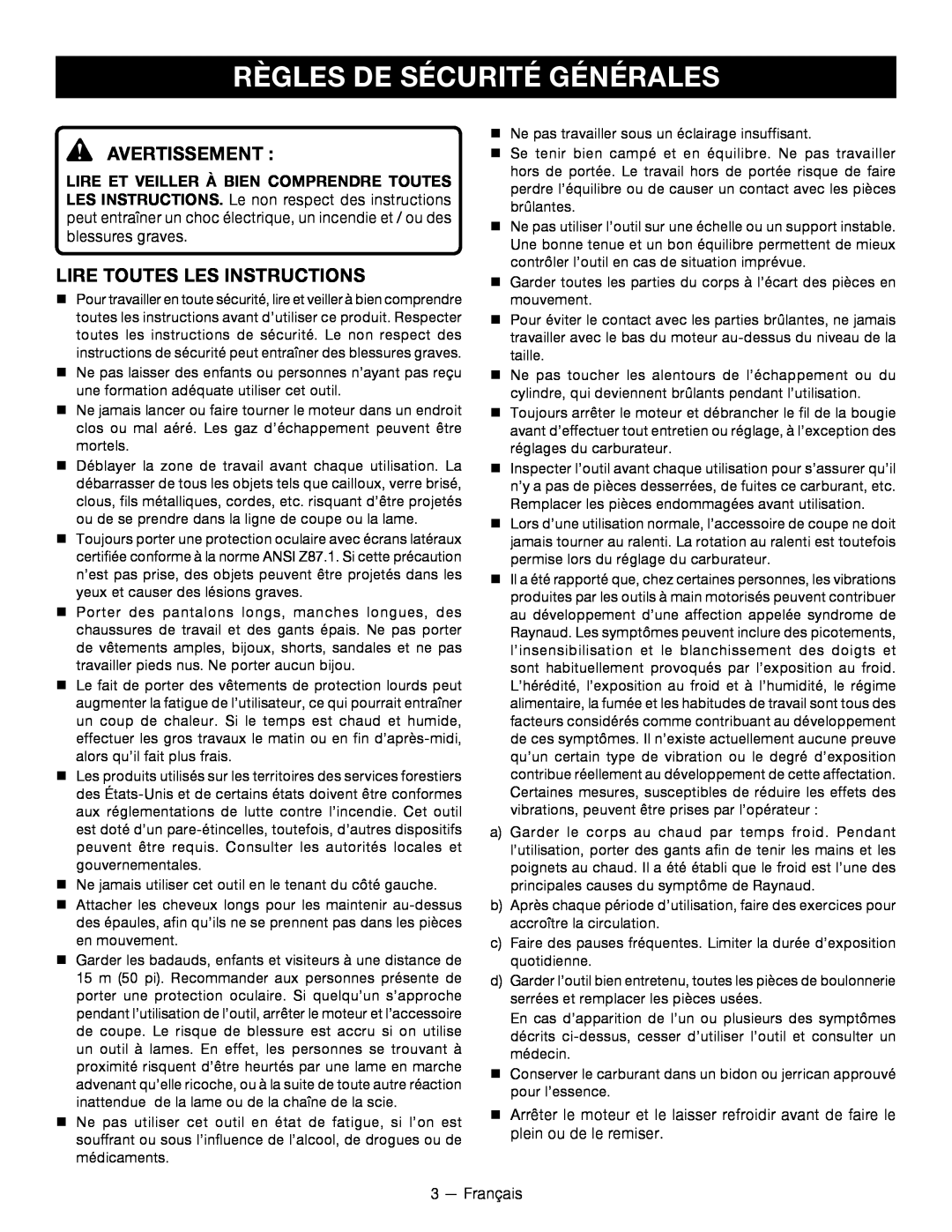 Ryobi RY34001 manuel dutilisation Règles De Sécurité Générales, Avertissement, Lire Toutes Les Instructions 