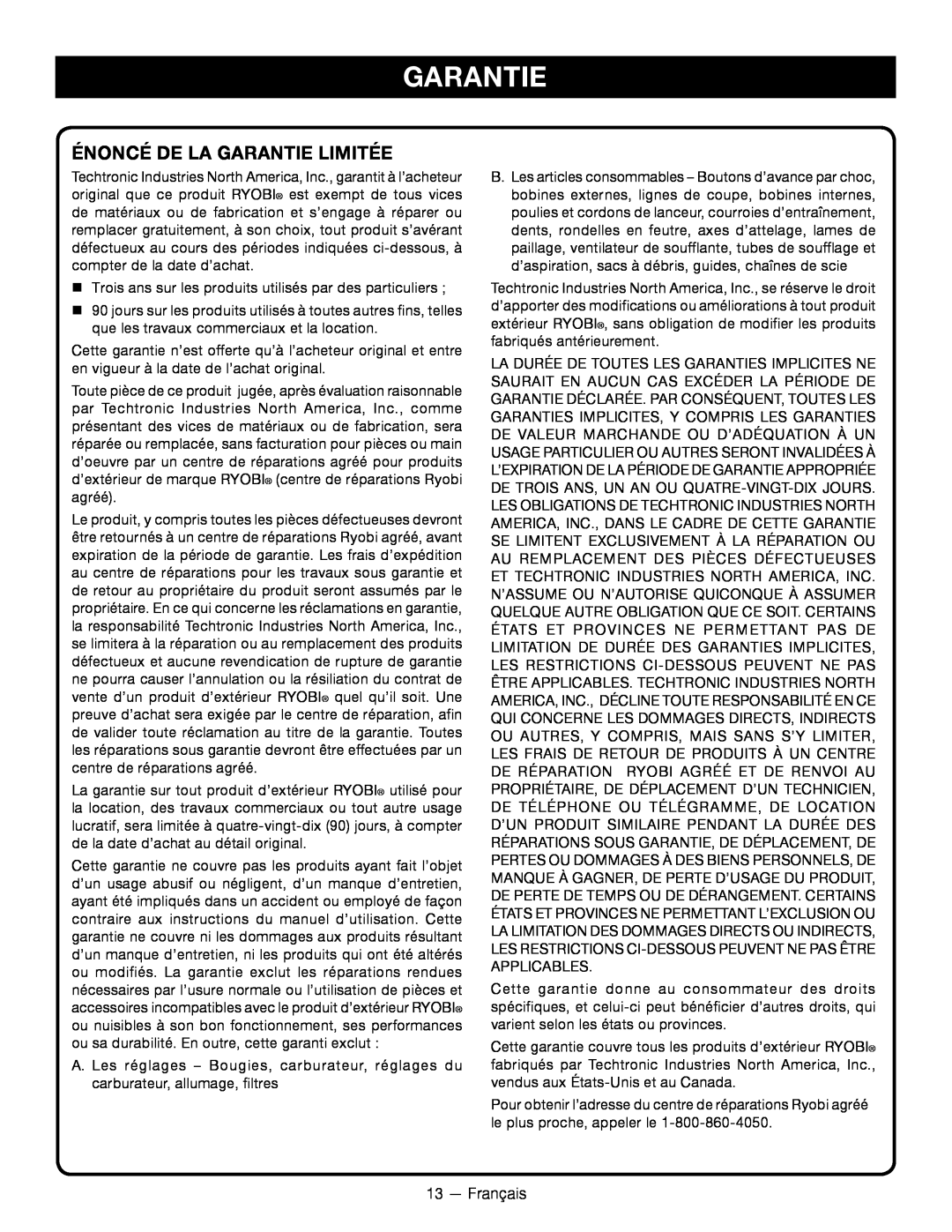 Ryobi RY34001 manuel dutilisation Énoncé De La Garantie Limitée 