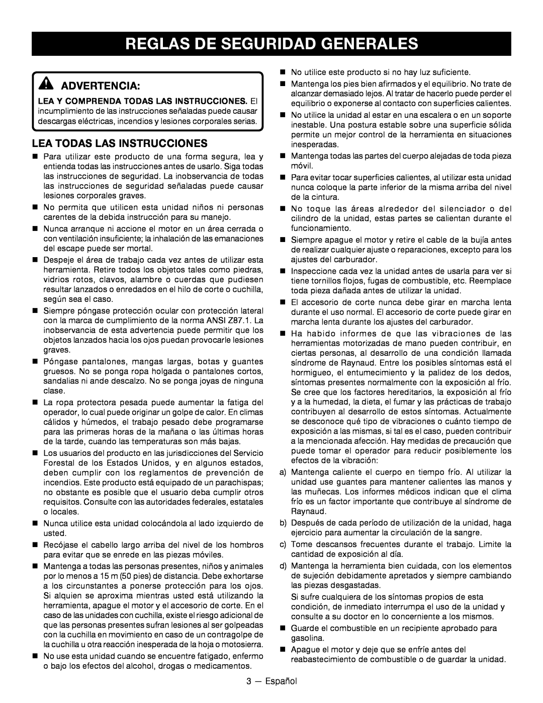 Ryobi RY34001 manuel dutilisation Reglas De Seguridad Generales, Advertencia, Lea Todas Las Instrucciones 