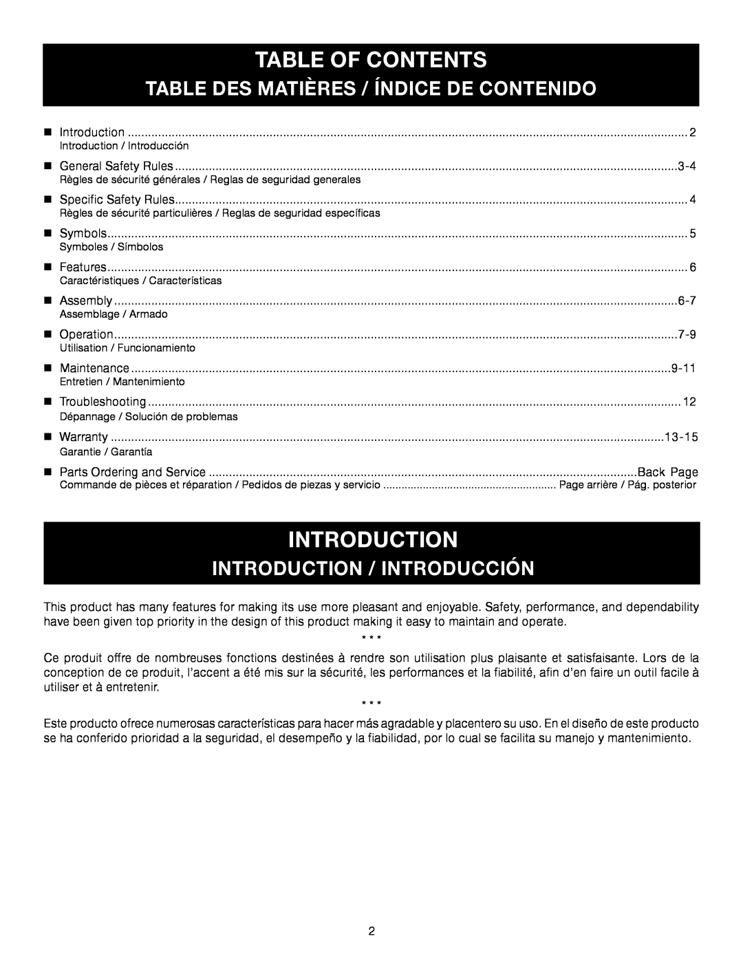Ryobi RY34001 Table Of Contents, Table Des Matières / Índice De Contenido, Introduction / Introducción 