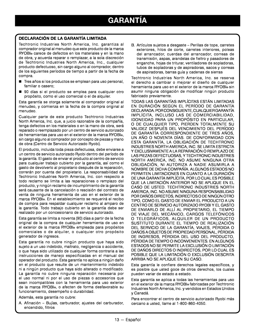 Ryobi RY34001 manuel dutilisation Declaración De La Garantía Limitada 