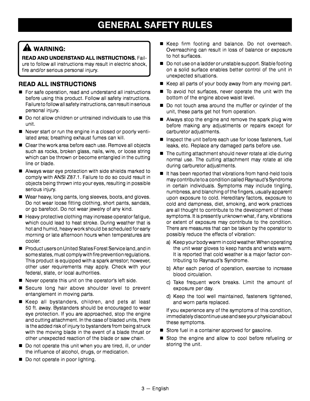 Ryobi RY34001 manuel dutilisation General Safety Rules, Read All Instructions 