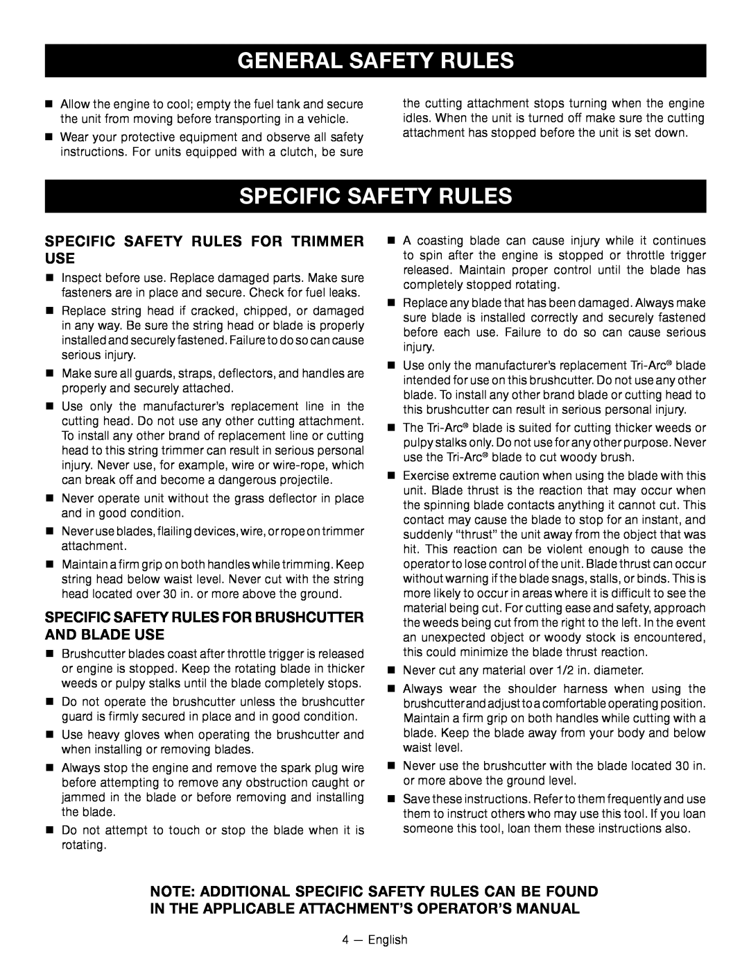 Ryobi RY34001 Specific Safety Rules For Trimmer Use, Specific Safety Rules For ­Brushcutter And Blade Use 