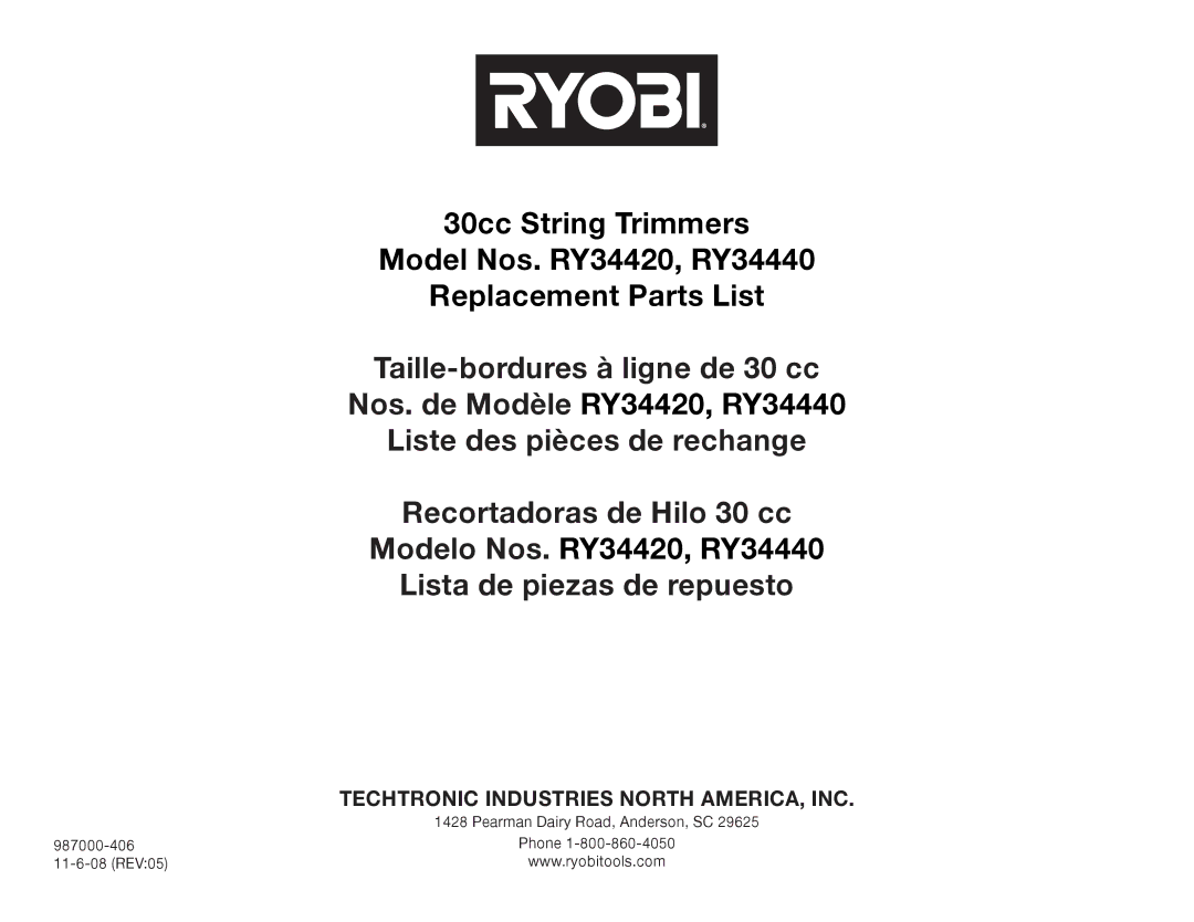 Ryobi RY34420, RY34440 manual Techtronic Industries North AMERICA, INC 