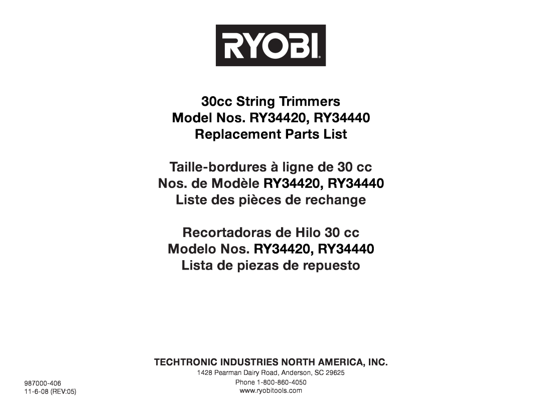 Ryobi manual Techtronic Industries North America, Inc, 30cc String Trimmers Model Nos. RY34420, RY34440 