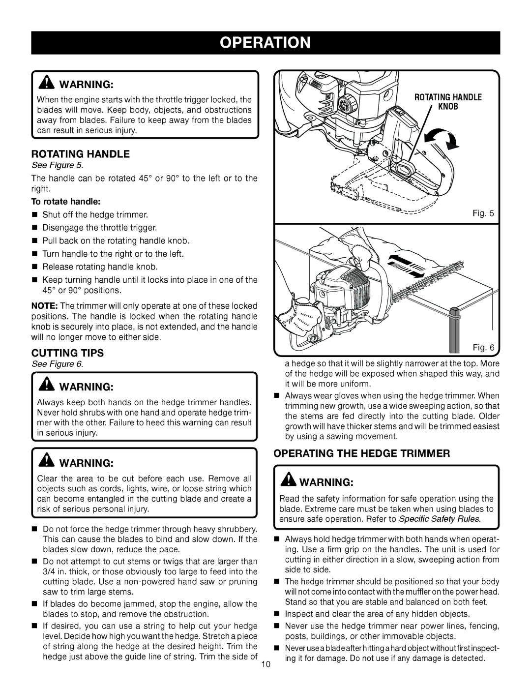 Ryobi RY39500 manual Cutting Tips, Operating the Hedge Trimmer, To rotate handle, Rotating handle Knob 