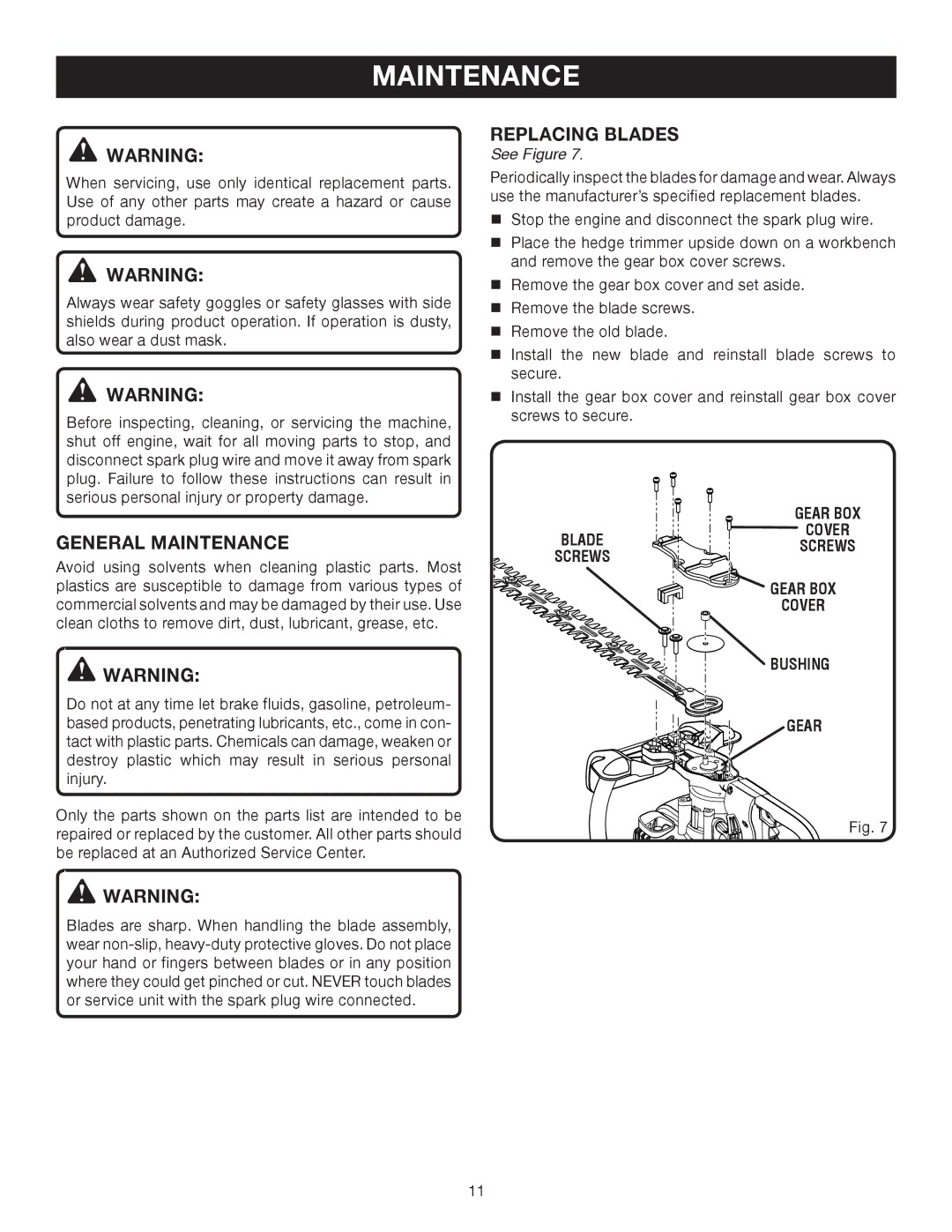 Ryobi RY39500 manual General Maintenance, Replacing Blades 