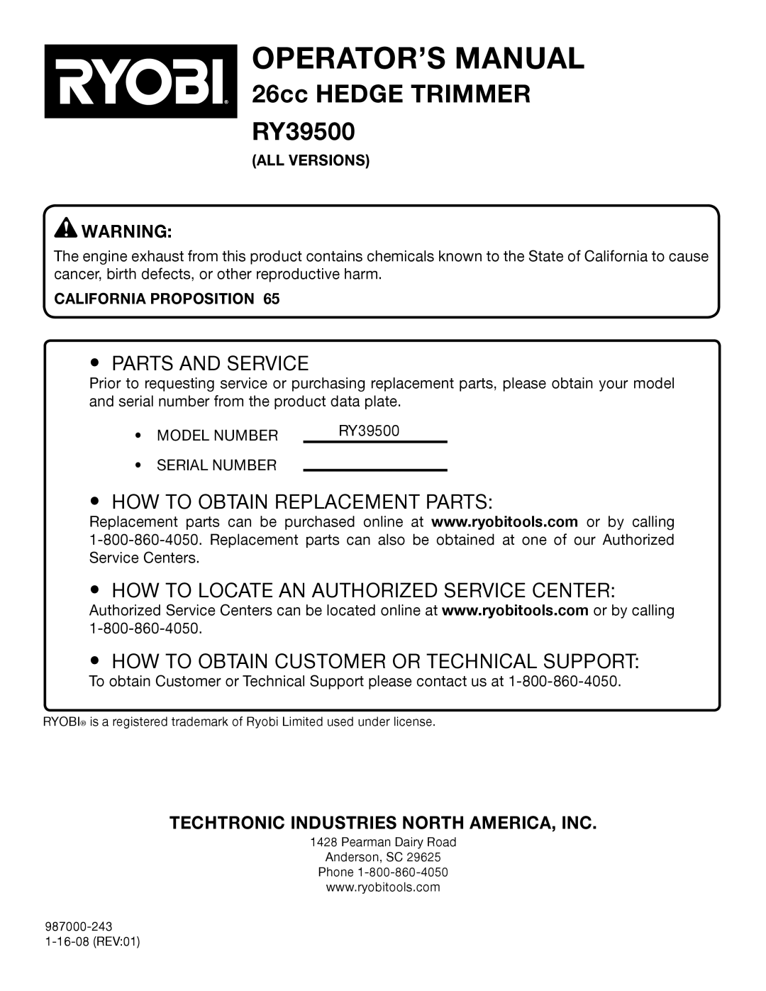 Ryobi RY39500 manual Parts and Service, California Proposition 