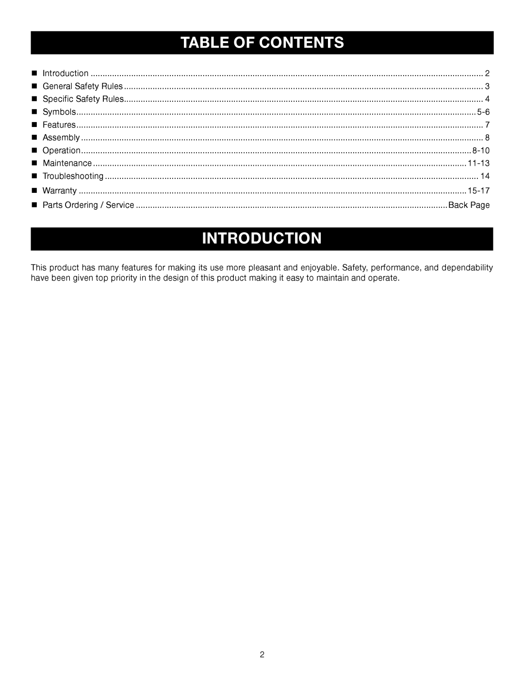 Ryobi RY39500 manual Introduction, Table of Contents 