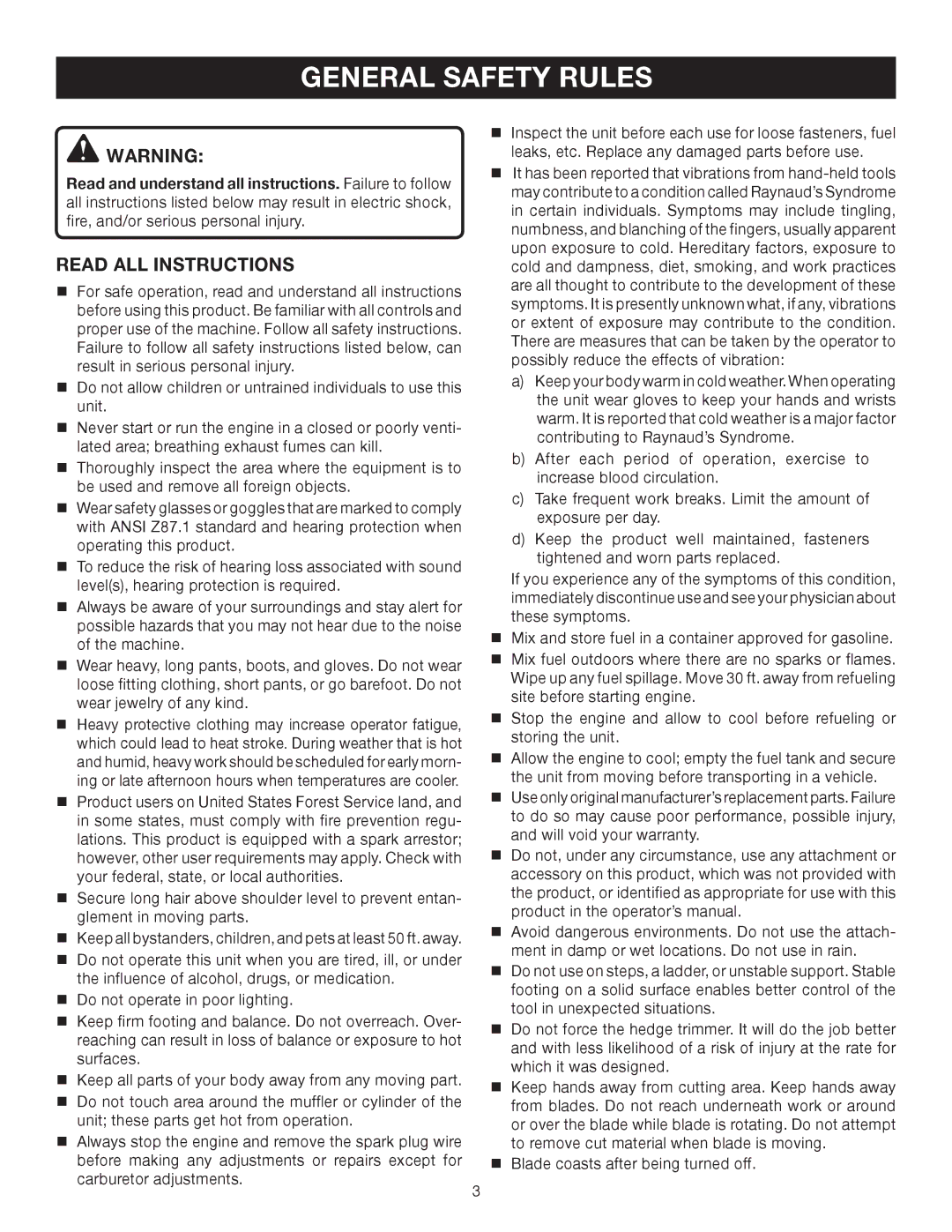 Ryobi RY39500 manual General Safety Rules, Read all instructions 