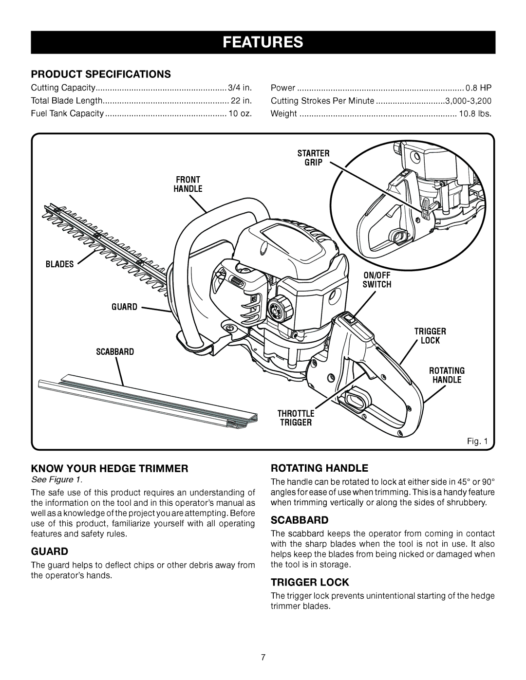 Ryobi RY39500 manual Features, Product Specifications, Guard, Rotating Handle 