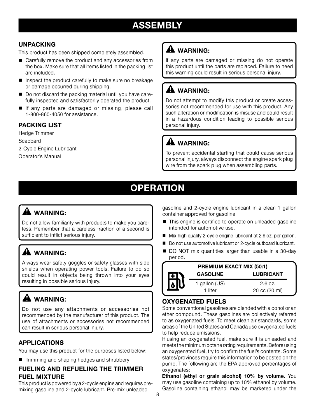 Ryobi RY39500 manual Assembly, Operation 