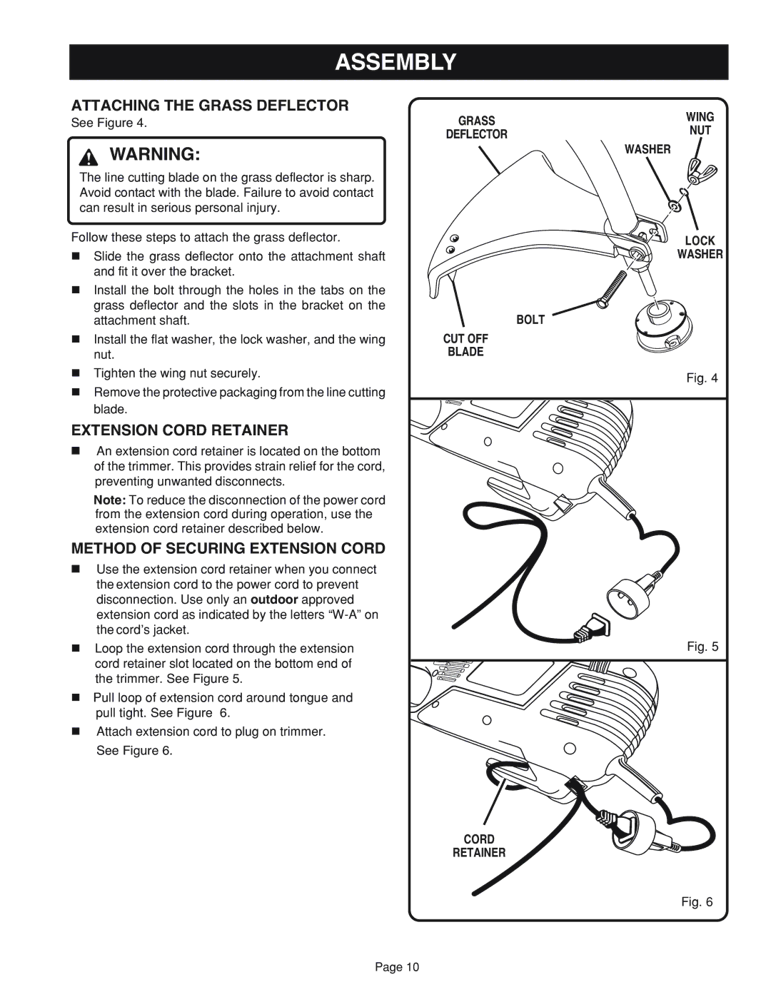 Ryobi RY41002 manual Attaching the Grass Deflector, Extension Cord Retainer, Method of Securing Extension Cord 