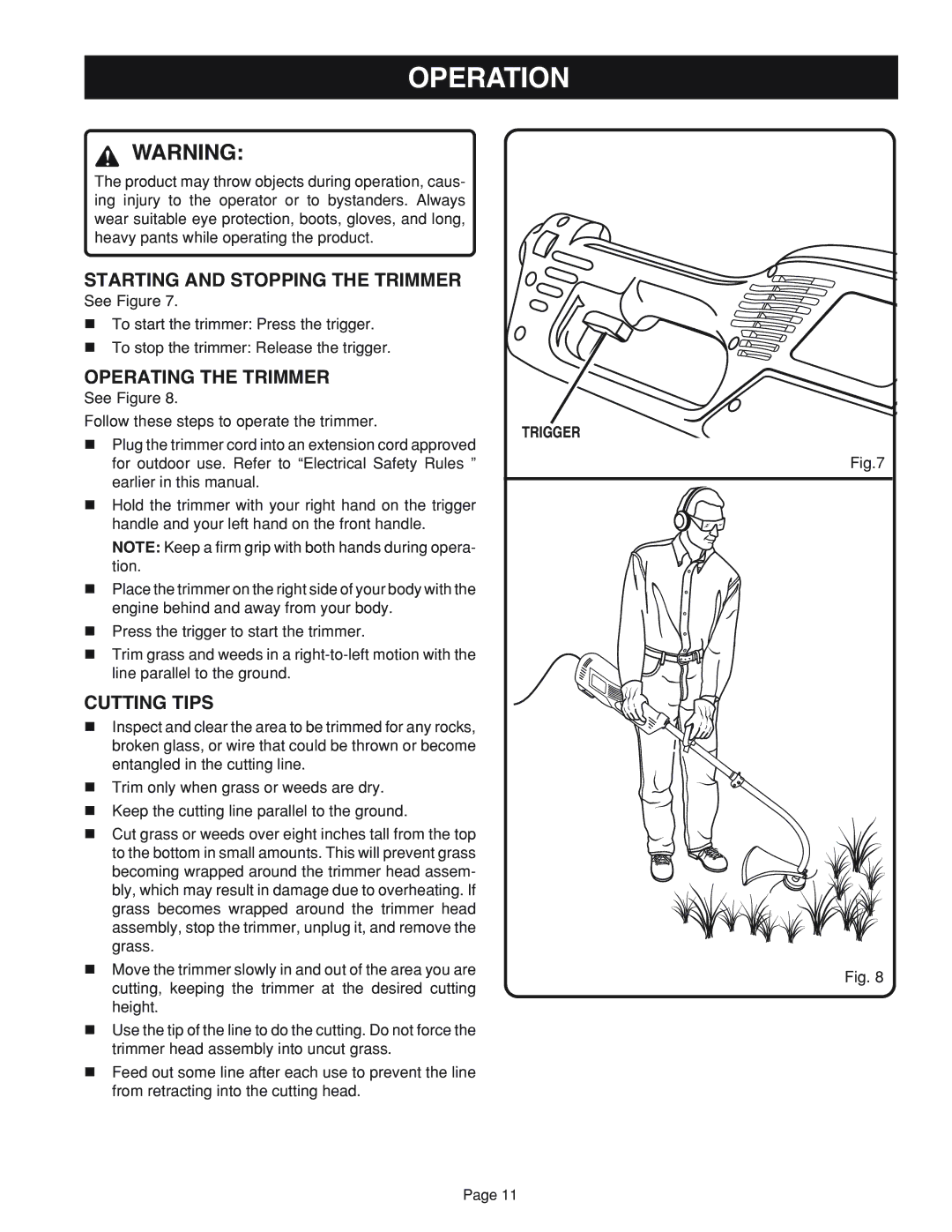 Ryobi RY41002 manual Operation, Starting and Stopping the Trimmer, Operating the Trimmer, Cutting Tips, Trigger 