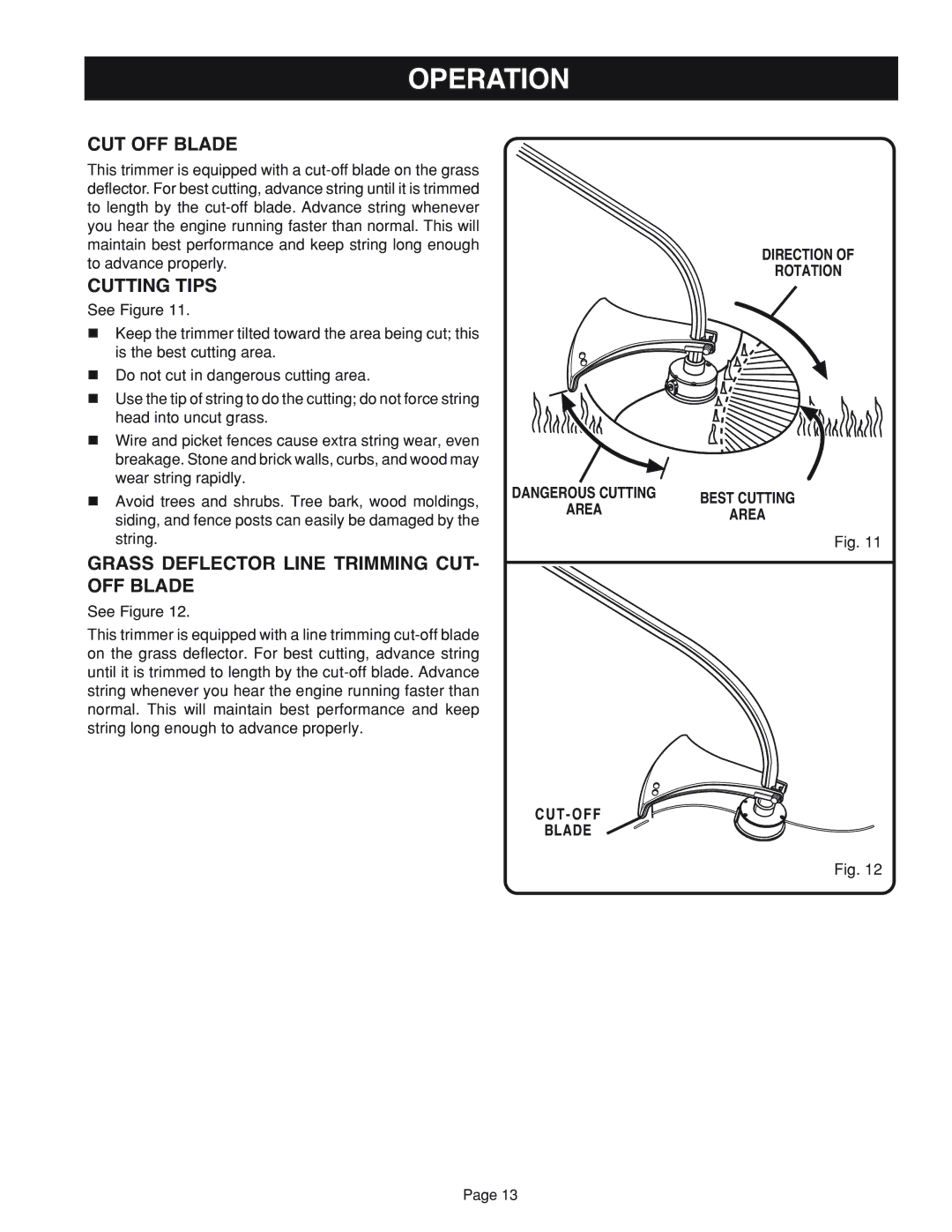 Ryobi RY41002 manual CUT OFF Blade, Grass Deflector Line Trimming CUT- OFF Blade, Direction Rotation, CUT-OFF Blade 