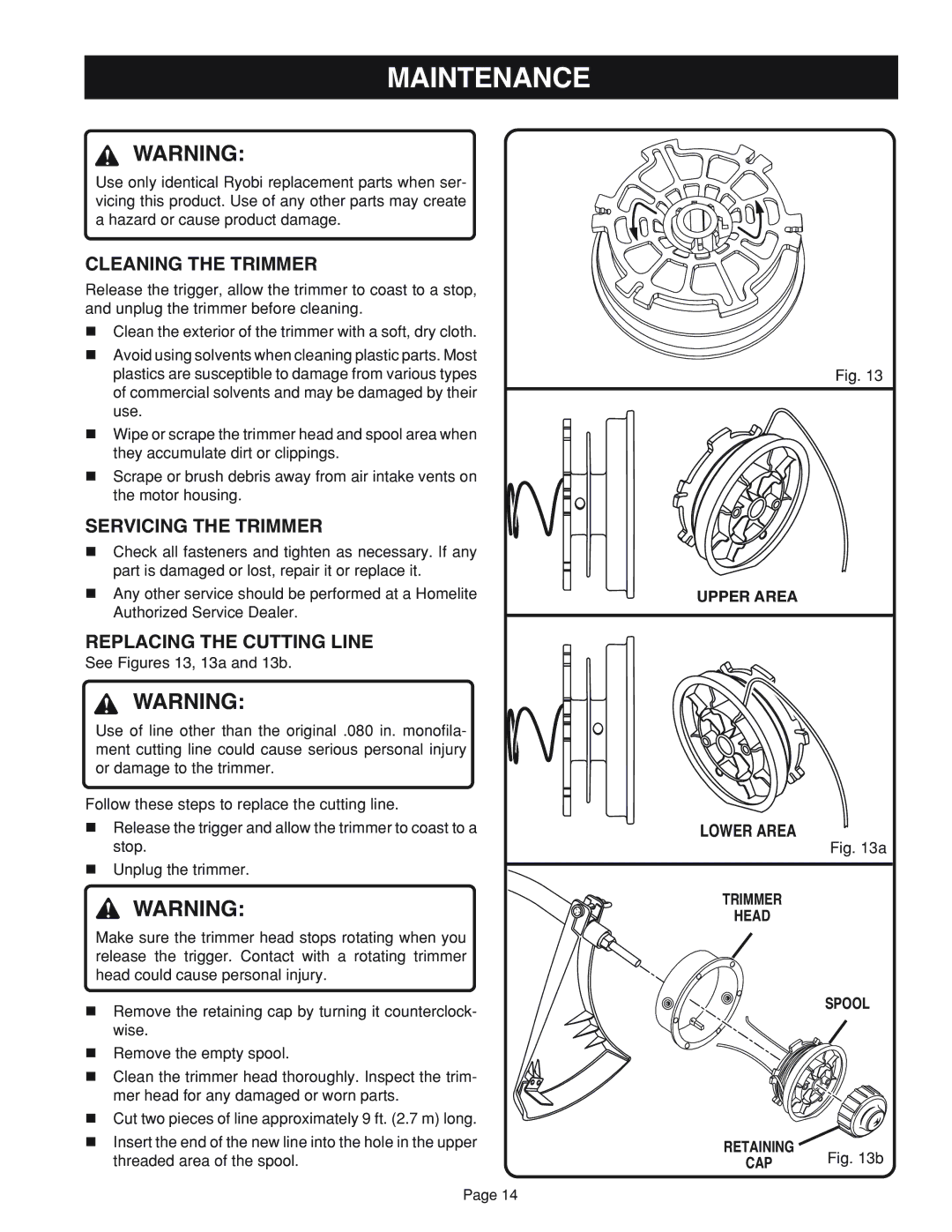 Ryobi RY41002 manual Maintenance, Cleaning the Trimmer, Servicing the Trimmer, Replacing the Cutting Line 