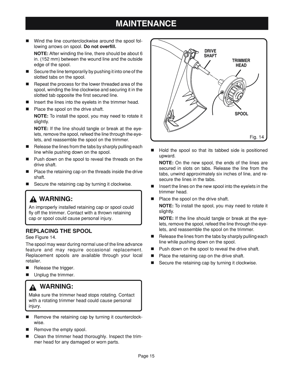 Ryobi RY41002 manual Replacing the Spool, Drive Shaft Trimmer Head Spool 