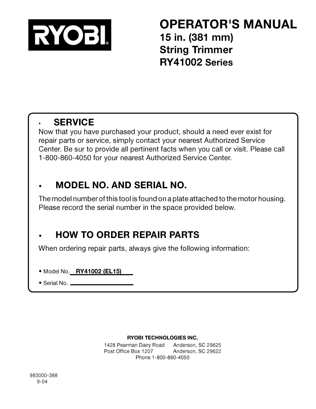 Ryobi RY41002 manual Service 