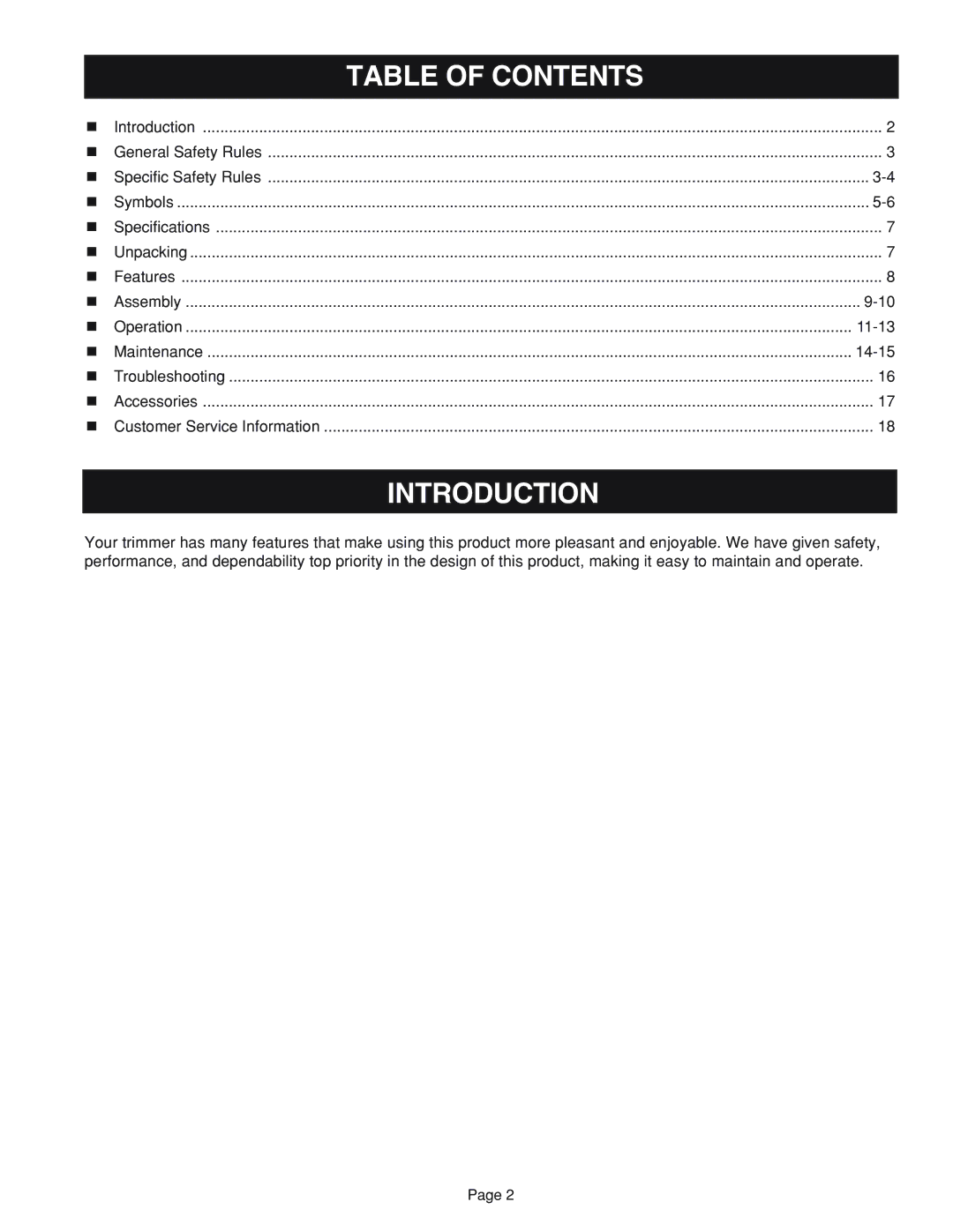 Ryobi RY41002 manual Introduction, Table of Contents 