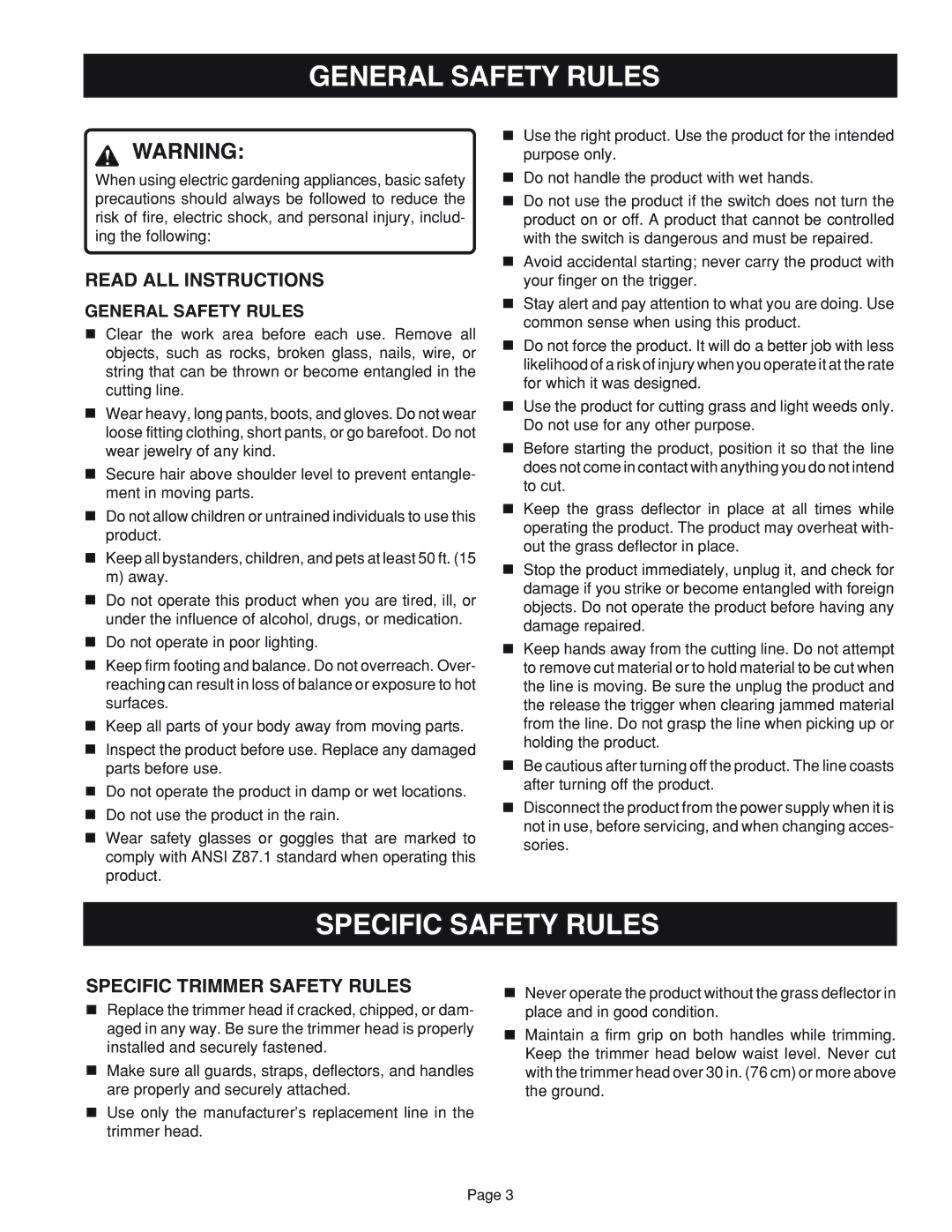 Ryobi RY41002 manual General Safety Rules, Specific Safety Rules, Read ALL Instructions, Specific Trimmer Safety Rules 