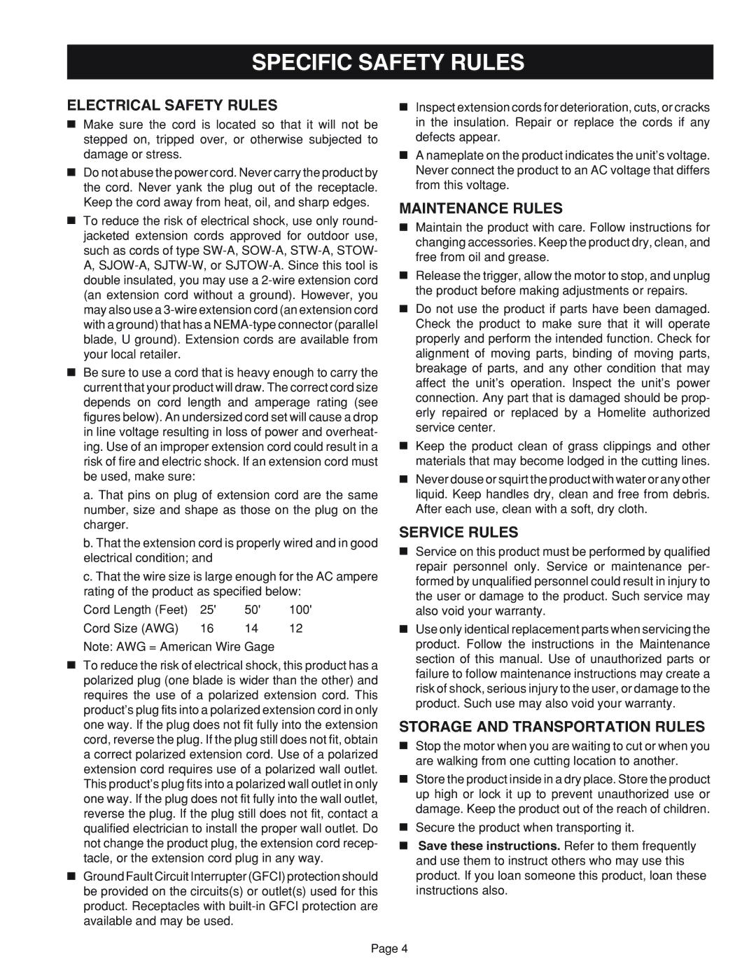 Ryobi RY41002 manual Electrical Safety Rules, Maintenance Rules, Service Rules, Storage and Transportation Rules 