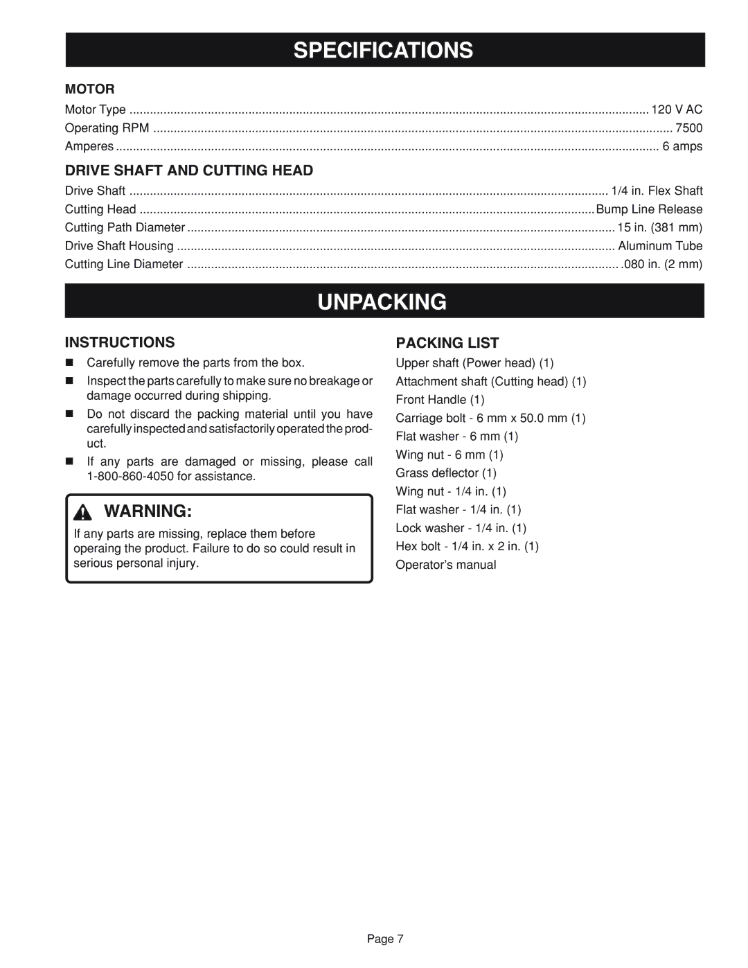 Ryobi RY41002 manual Specifications, Drive Shaft and Cutting Head, Instructions, Packing List 