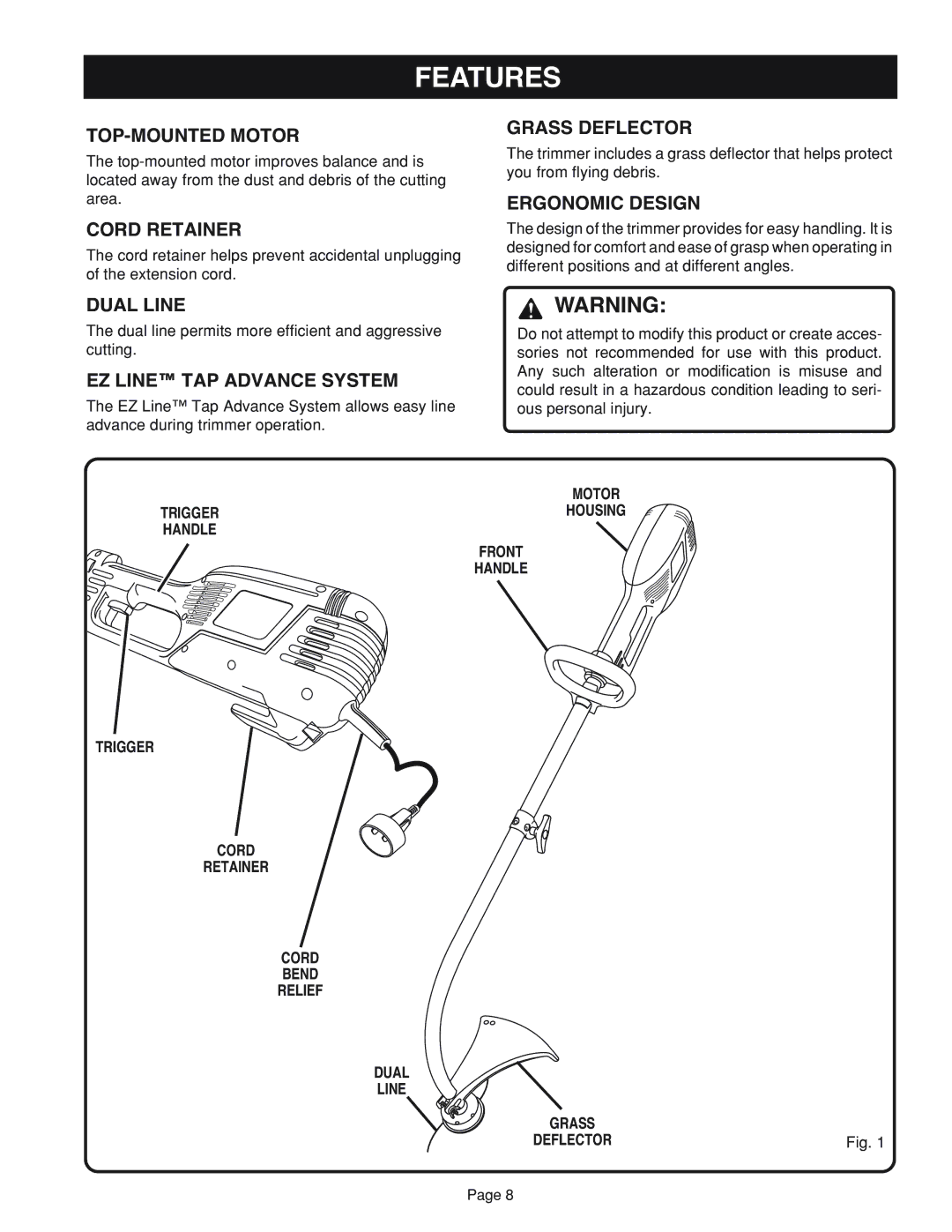 Ryobi RY41002 manual Features 